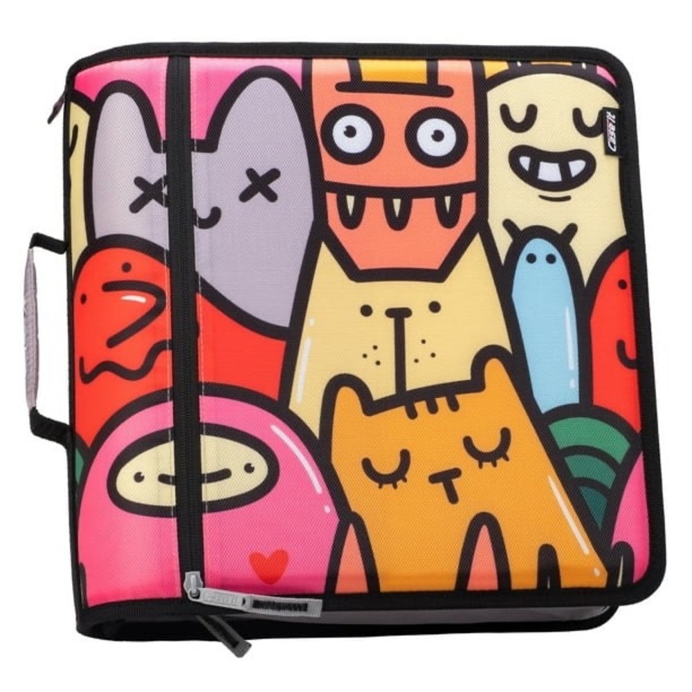 Case-it 3-Ring Zipper Binder Multi-Color Doodle Monster Print Expandable 2 inch